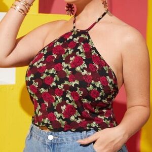 SHEIN Red Floral Halter Crop Top